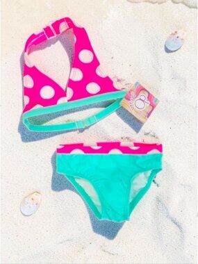 Polka Dot Halter Bikini Set Pink & Aqua Girls Swimwear UPF 50+ Protection